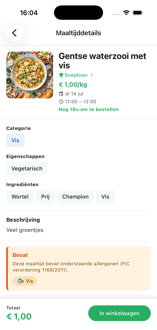 Schermafbeelding: maaltijddetails met ingrediënten en allergenen