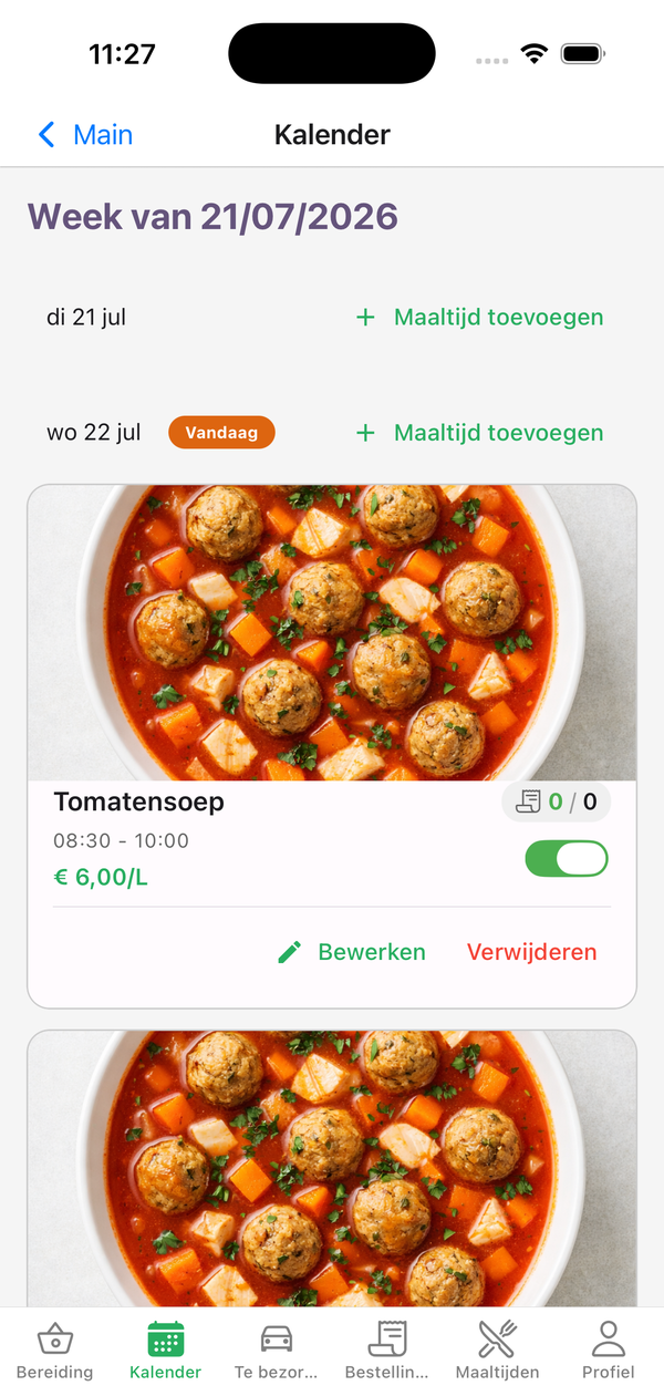 Schermafbeelding: weekmenu plannen in de chef-app