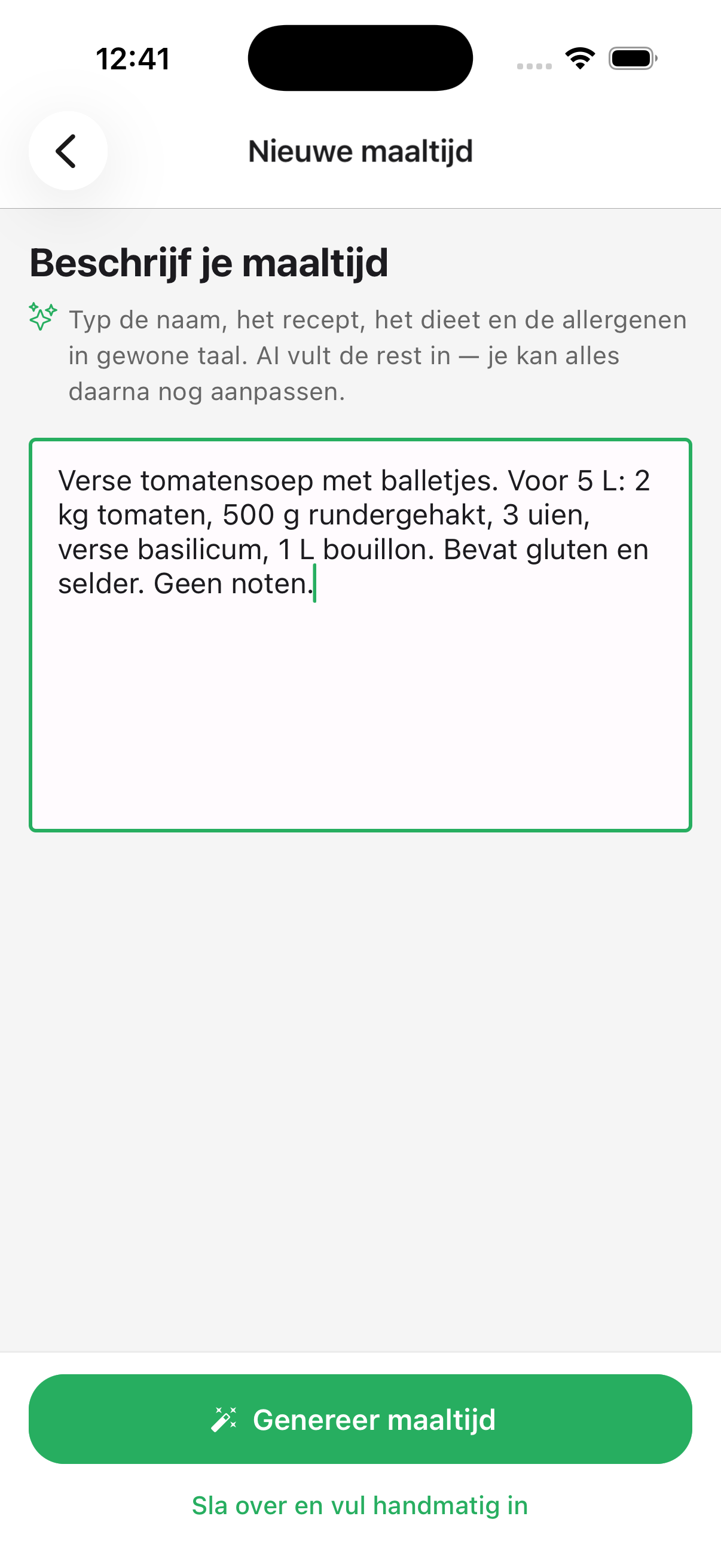 Schermafbeelding: een nieuw gerecht aanmaken met AI in de chef-app
